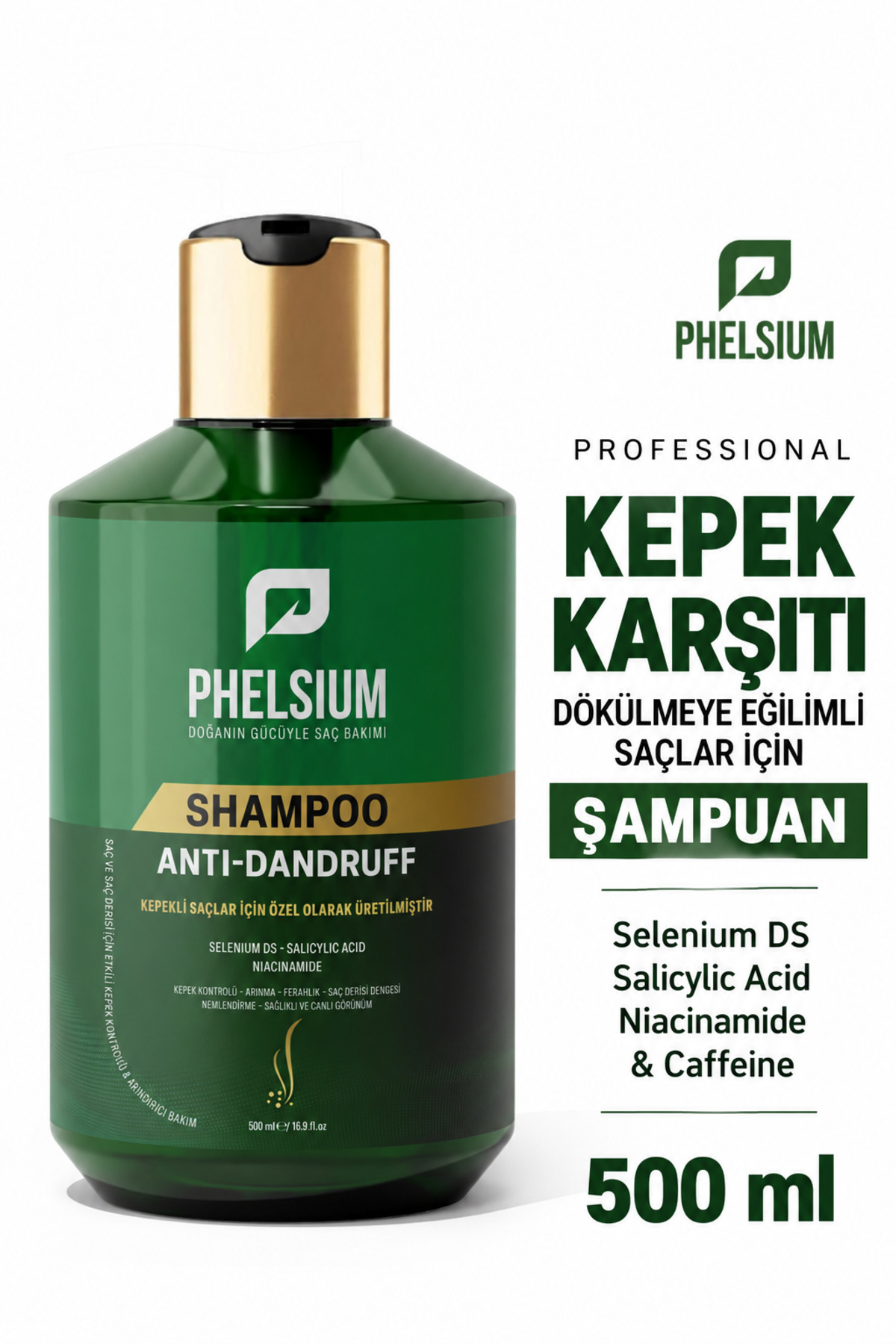 PHELSİUM Professional Kepek Karşıtı ve Dökülmeye Eğilimli Saçlar İçin Şampuan – Selenium DS, Salicylic Acid, Niacinamide & Caffeine 500 ml