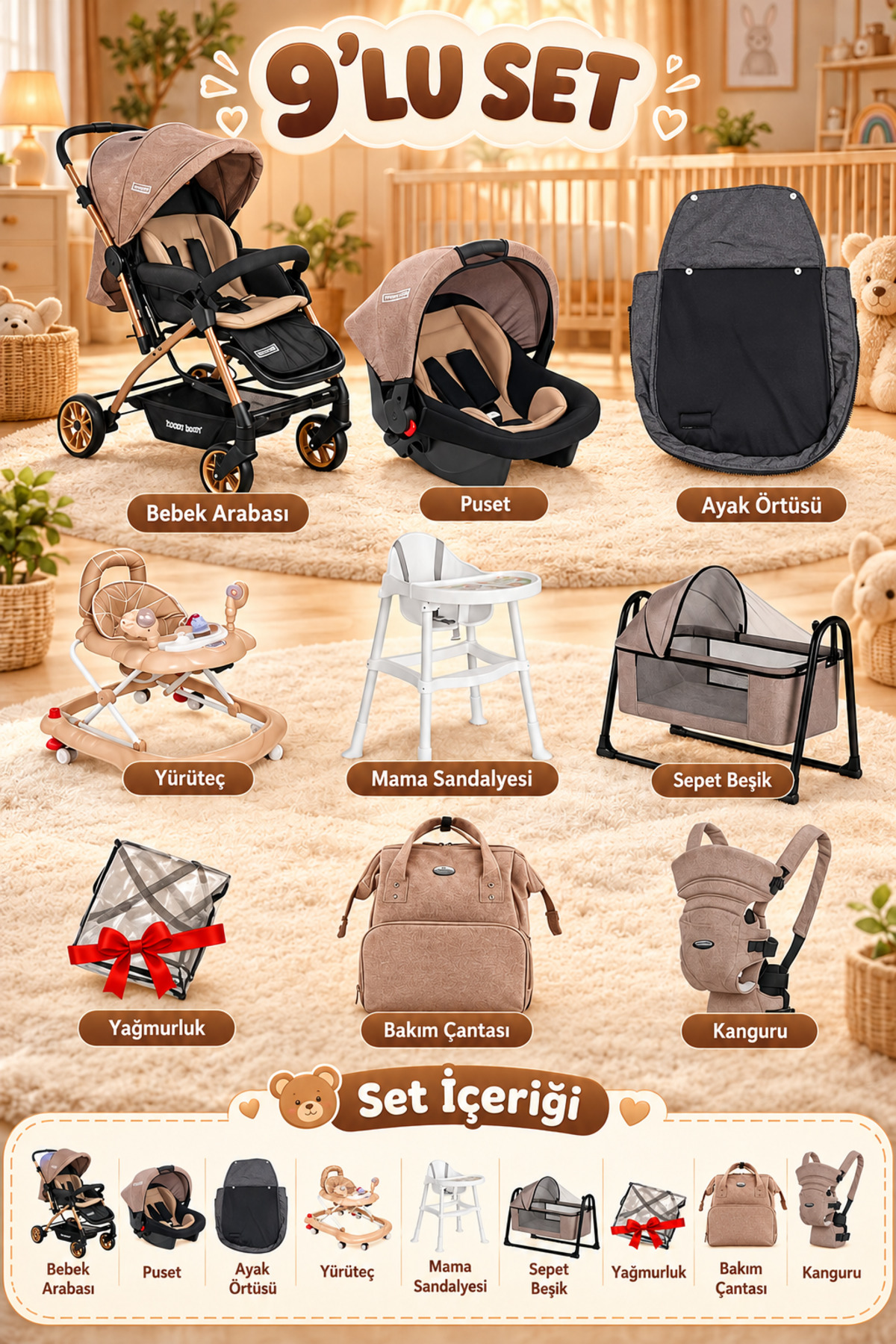 Calvin Baby 9 Parça Bebek Çeyiz Seti Bebek Arabası Puset Beşik Yürüteç Mama Sandalyesi Kanguru Bebek Çantası