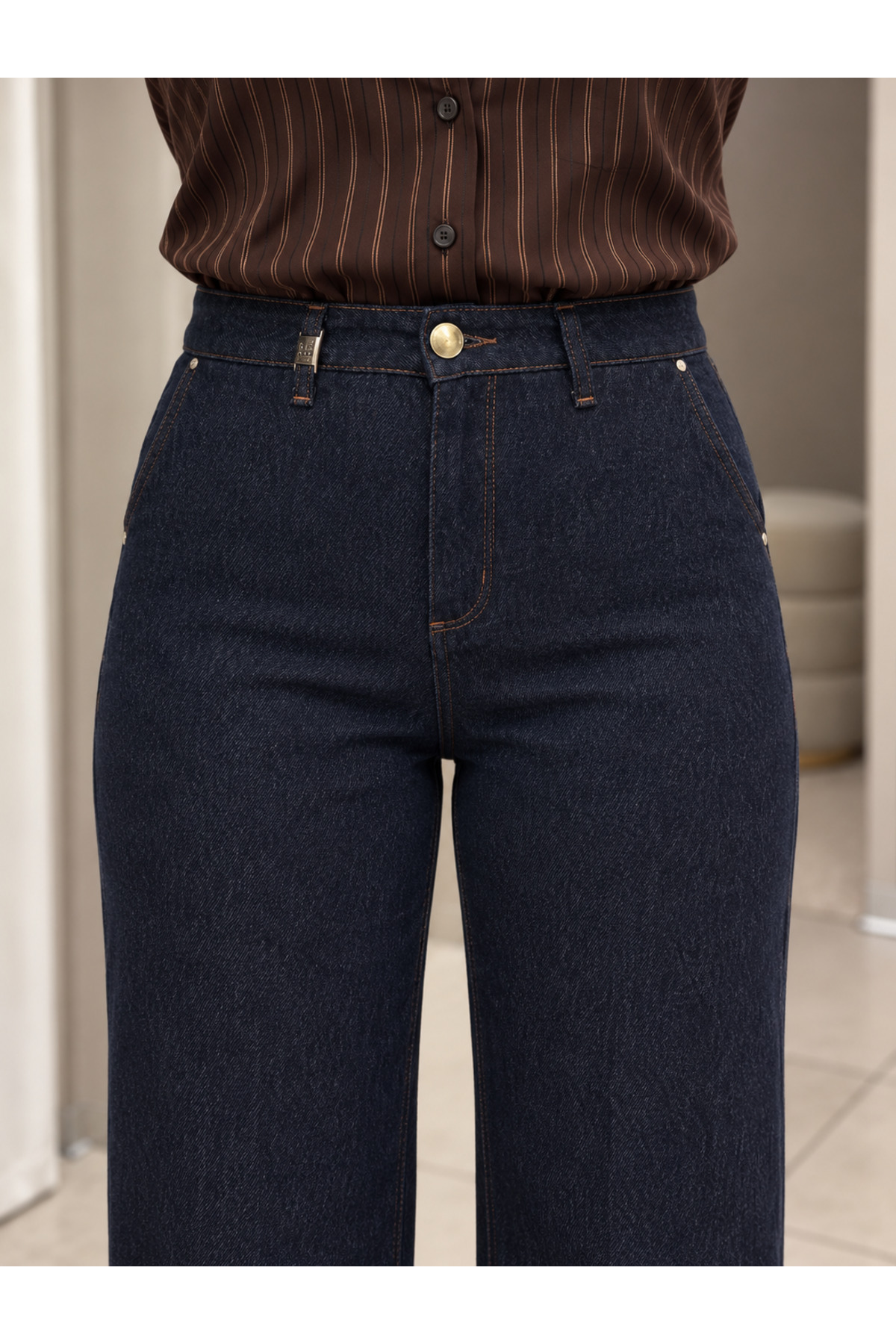 Yüksek Bol Paça Denim Görünümlü Pantolon - Görsel 3