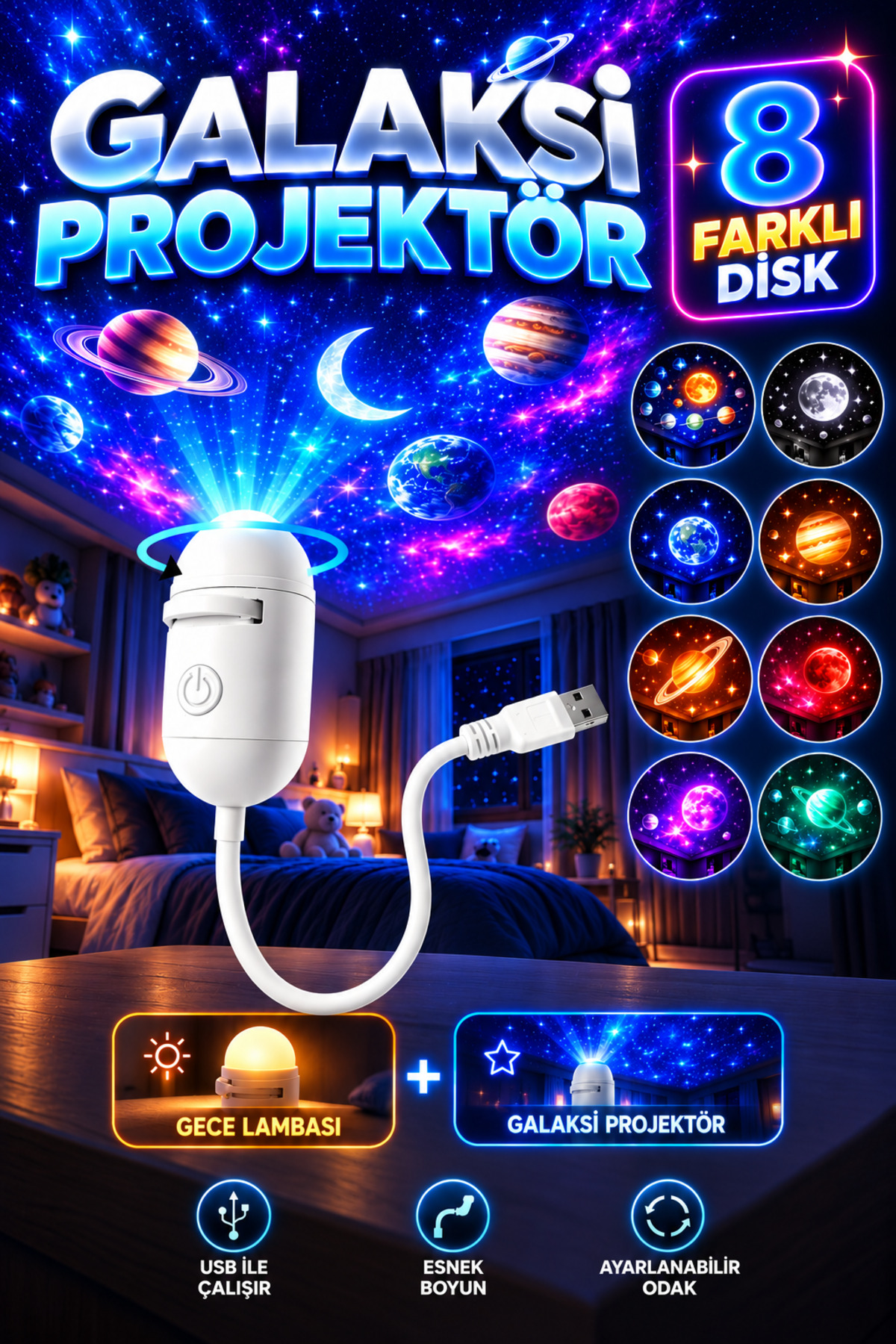 Weskam 8 Diskli Galaksi Projektör Gece Lambası, Ay Yıldız Uzay Yansıtıcı, Esnek Boyunlu USB LED Oda Atmosfer Işığı 2'si 1 Arada Ambiyans Işık