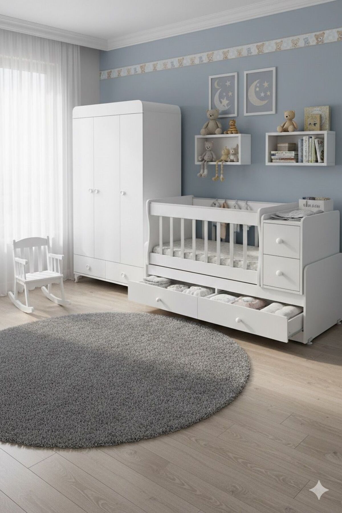BANANA BABY MİNİBOO BEBEK ODASI ÜÇ KAPAKLI DOLAP VE BÜYÜYEN BEŞİK