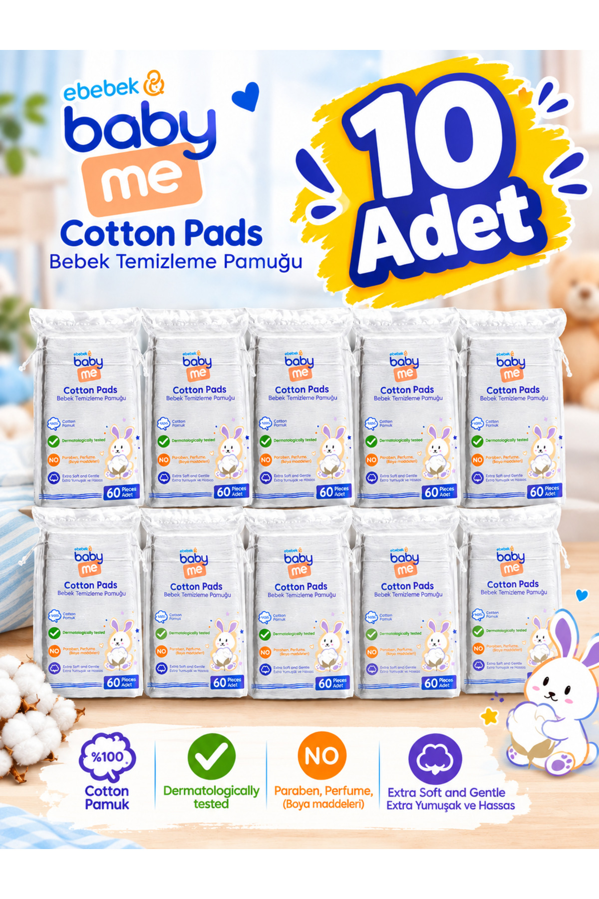 Baby&Me Bebek Temizleme Pamuğu 10 lu Paket 60 Adetli