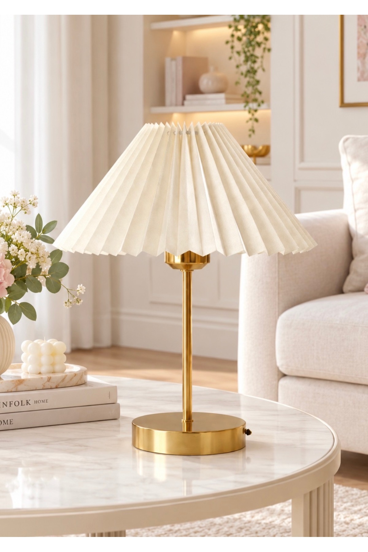 burenze Umbrella Kablosuz Pilli Abajur Ekru Şapka Aç Kapa Butonlu Ledli Pilli Masa Lambası Eskitme Gold