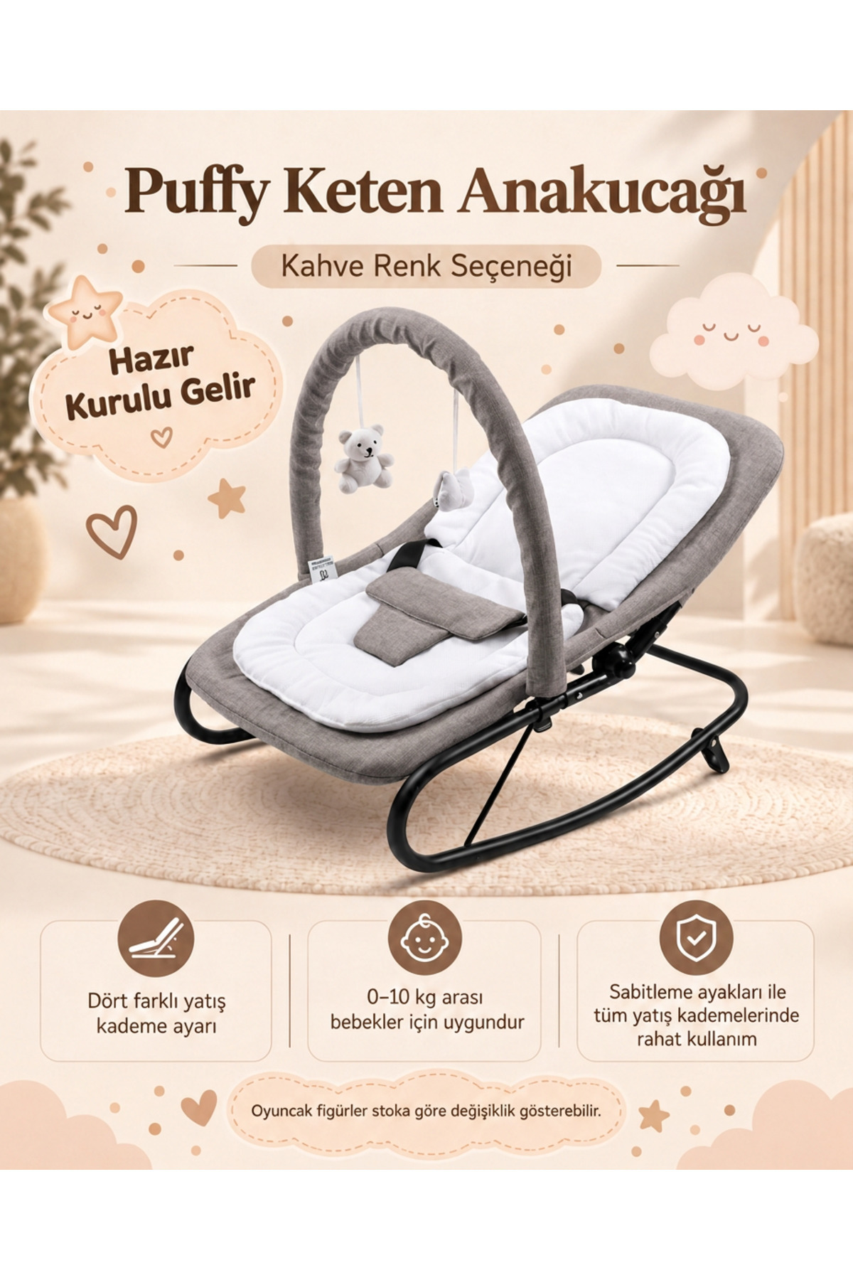 Shadow Size Puffy keten anakucağı - Hazır Kurulu Gelir- Sallanır - 4 Kademe - Anadizi Sabitlenebilir-KAHVE