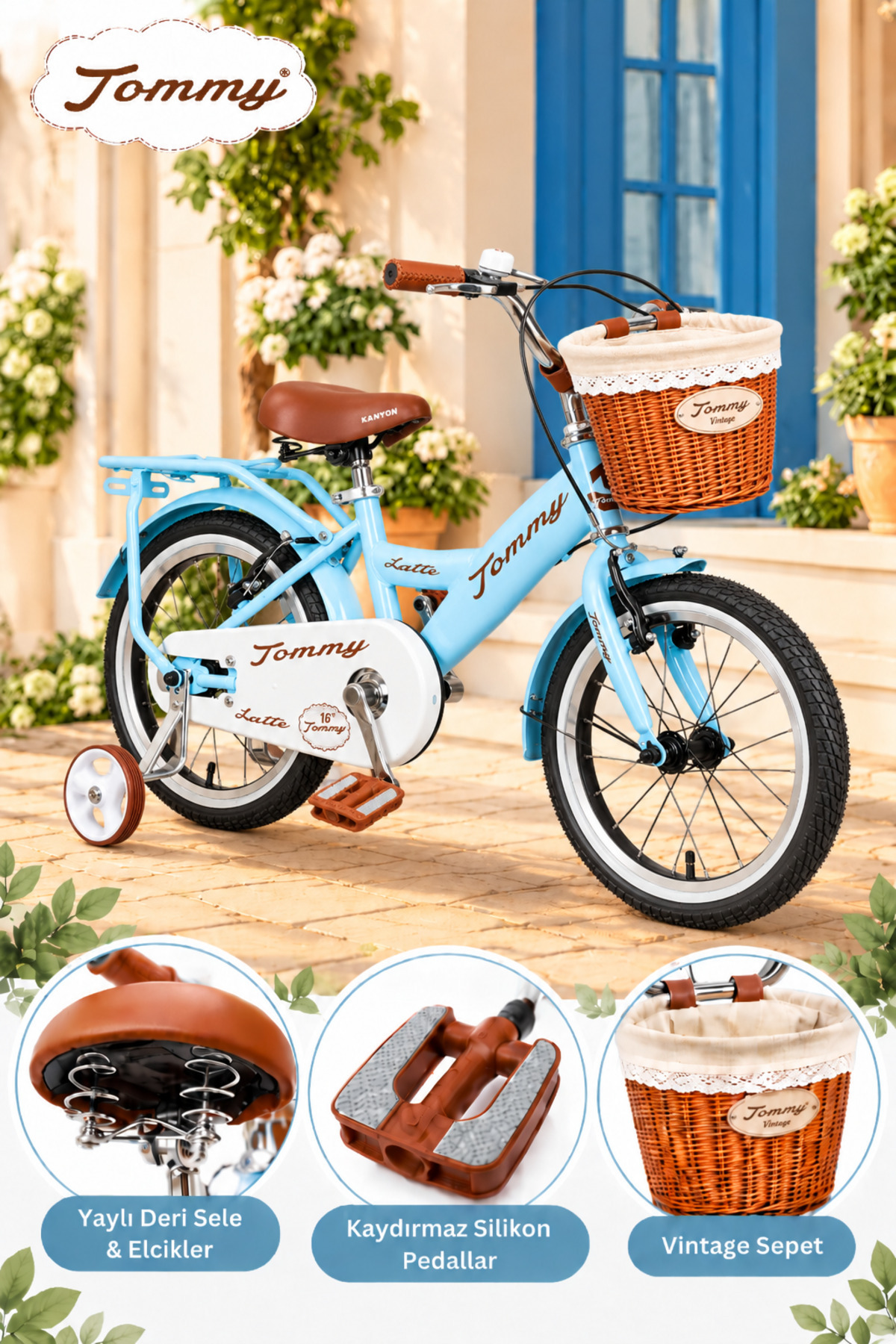 TommyBike Latte Hasır Sepetli,Deri Elcikli 16 Jant Çocuk Bisikleti, 4-6 Yaş Çocuk Bisikleti