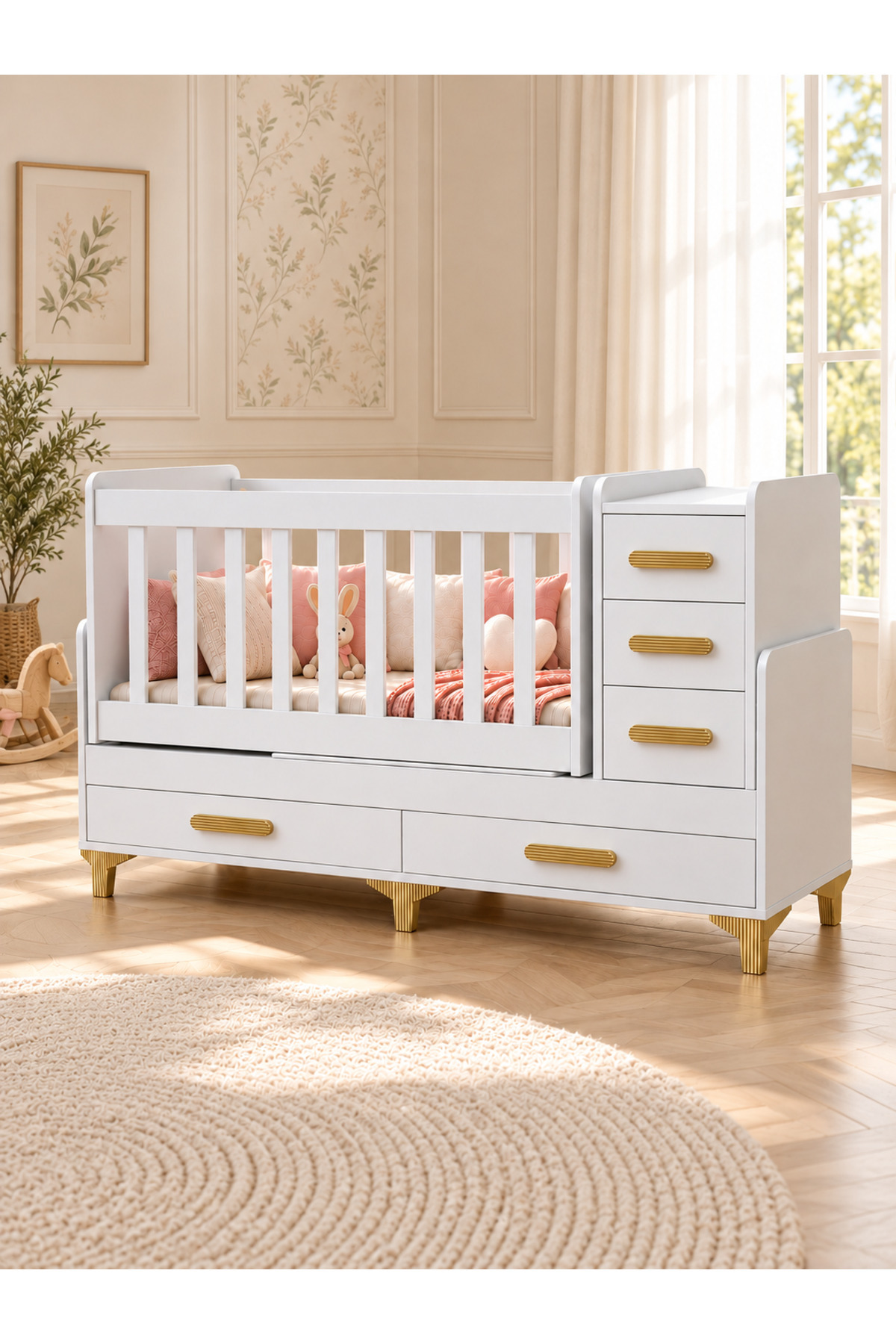 temosan mobilya Mdf Korkuluklu, Anne Yanı, Çekmeceli, Büyüyen, Karyola Olabilen, Sallanır Beşik 60 X 120