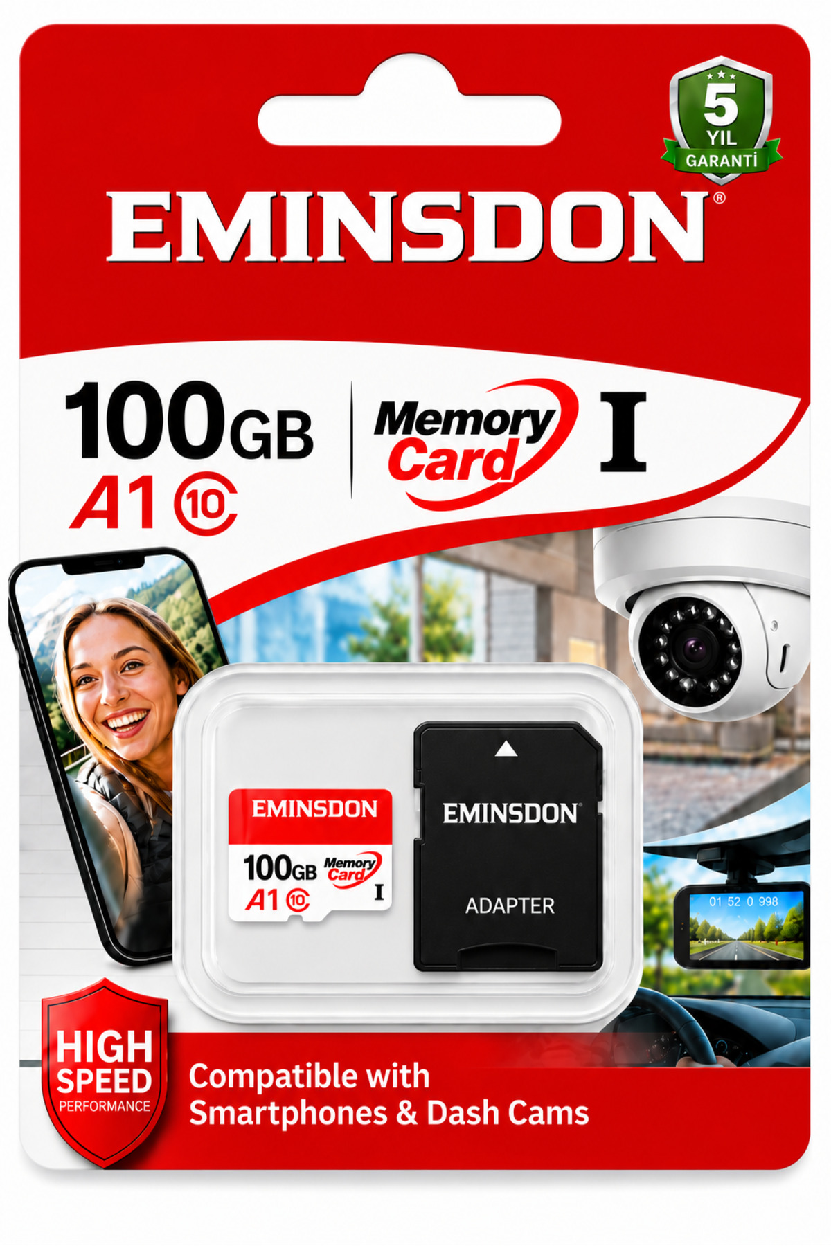 EMiNSDON 100GB Hafıza Kartı Ev Araç Güvenlik Kamerası Uyumlu Telefon Tablet SD Kart Class10