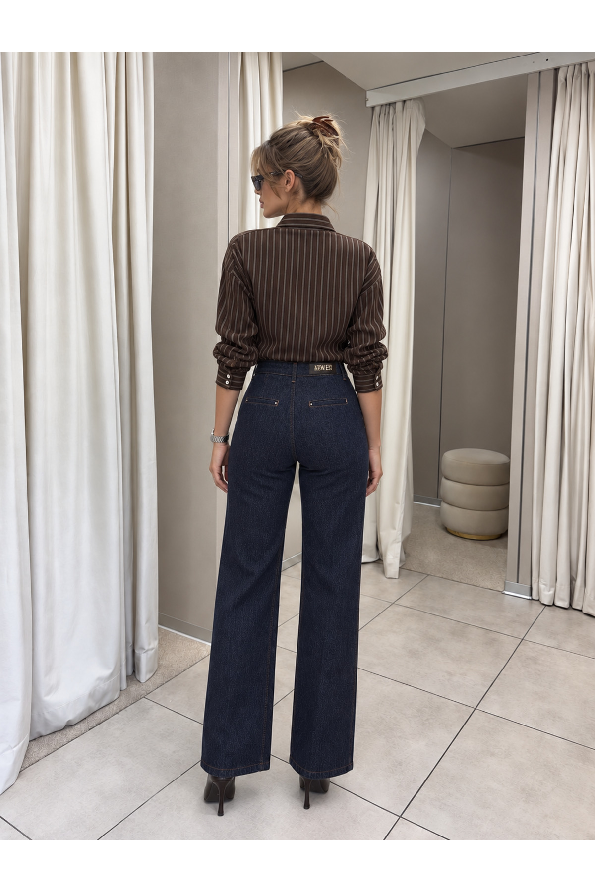 Yüksek Bol Paça Denim Görünümlü Pantolon - Görsel 2