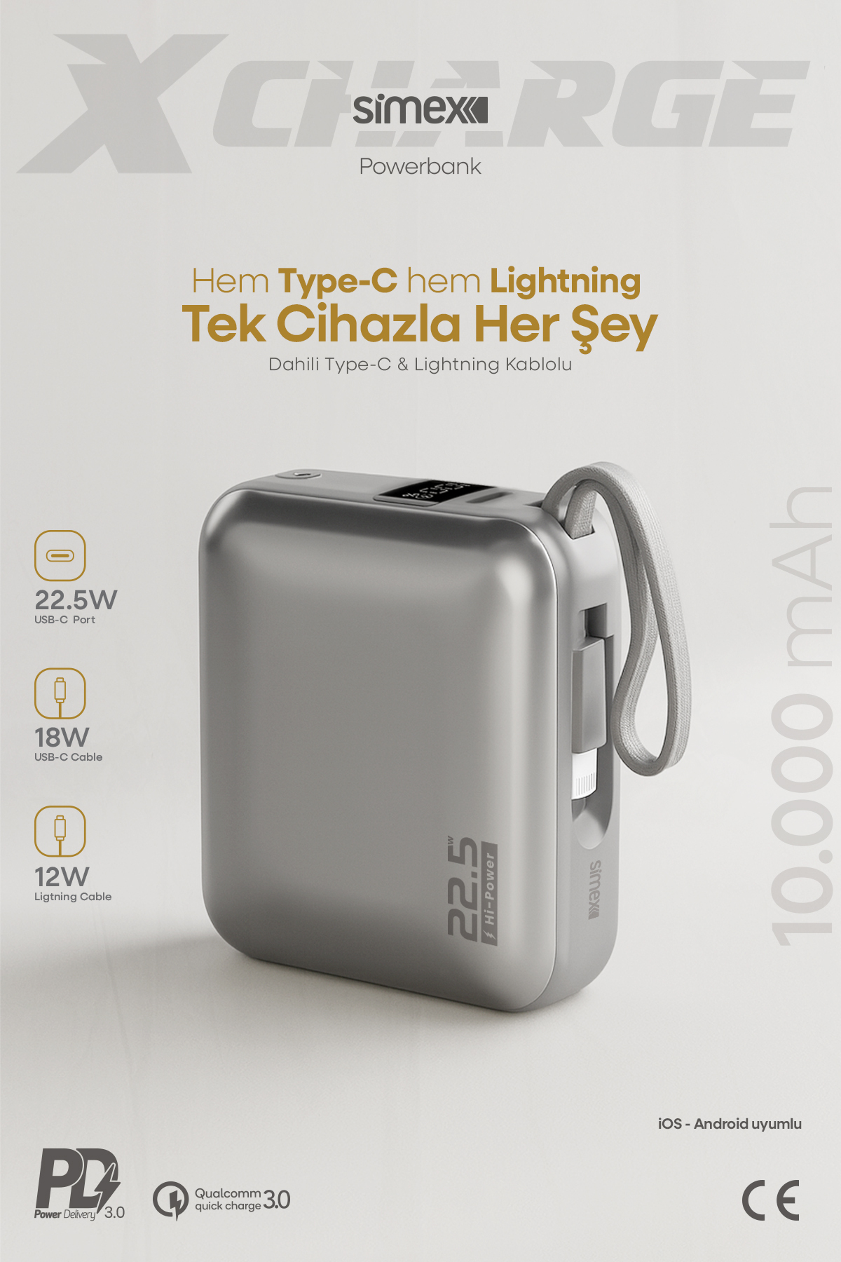Simex 10.000 mAh 22.5W Hızlı Şarj PD Powerbank Kendinden Kablolu ve Dijital Göstergeli Taşınabilir Cihazı