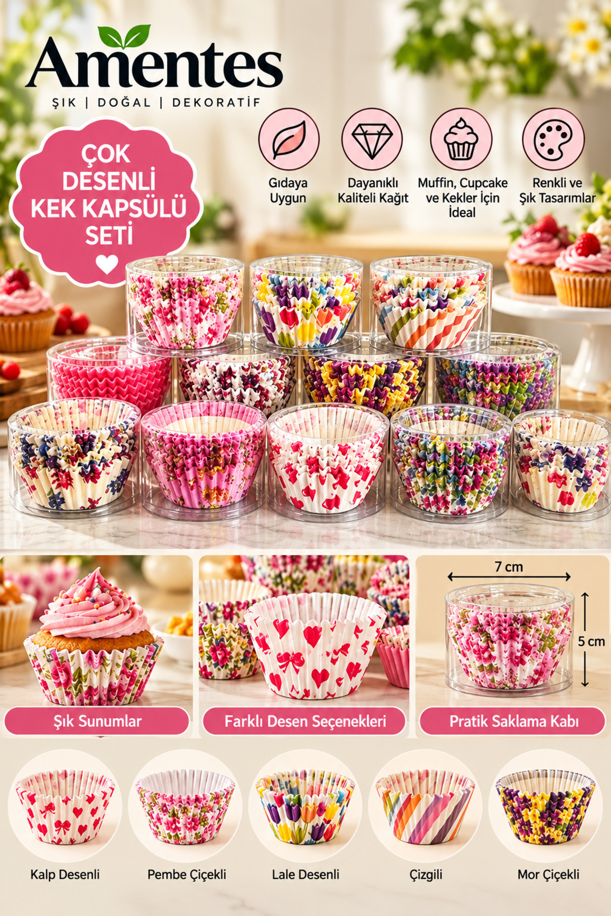 Amentes 100'lü Muffin Browni Cupcake Kağıdı Kek Kalıbı Desenli