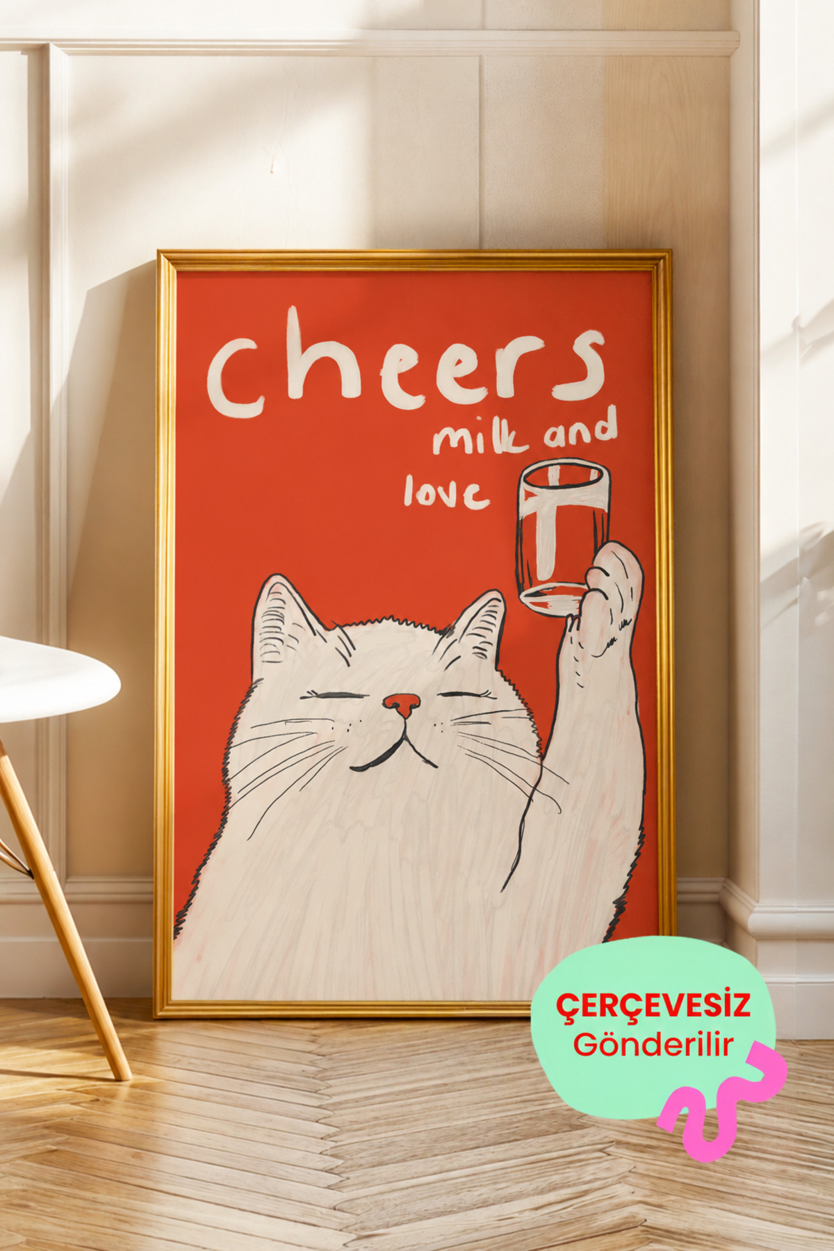 Kırmızı Turuncu Dekoratif Duvar Posteri, Eğlenceli Kedi İllüstrasyonu Çerçevesiz