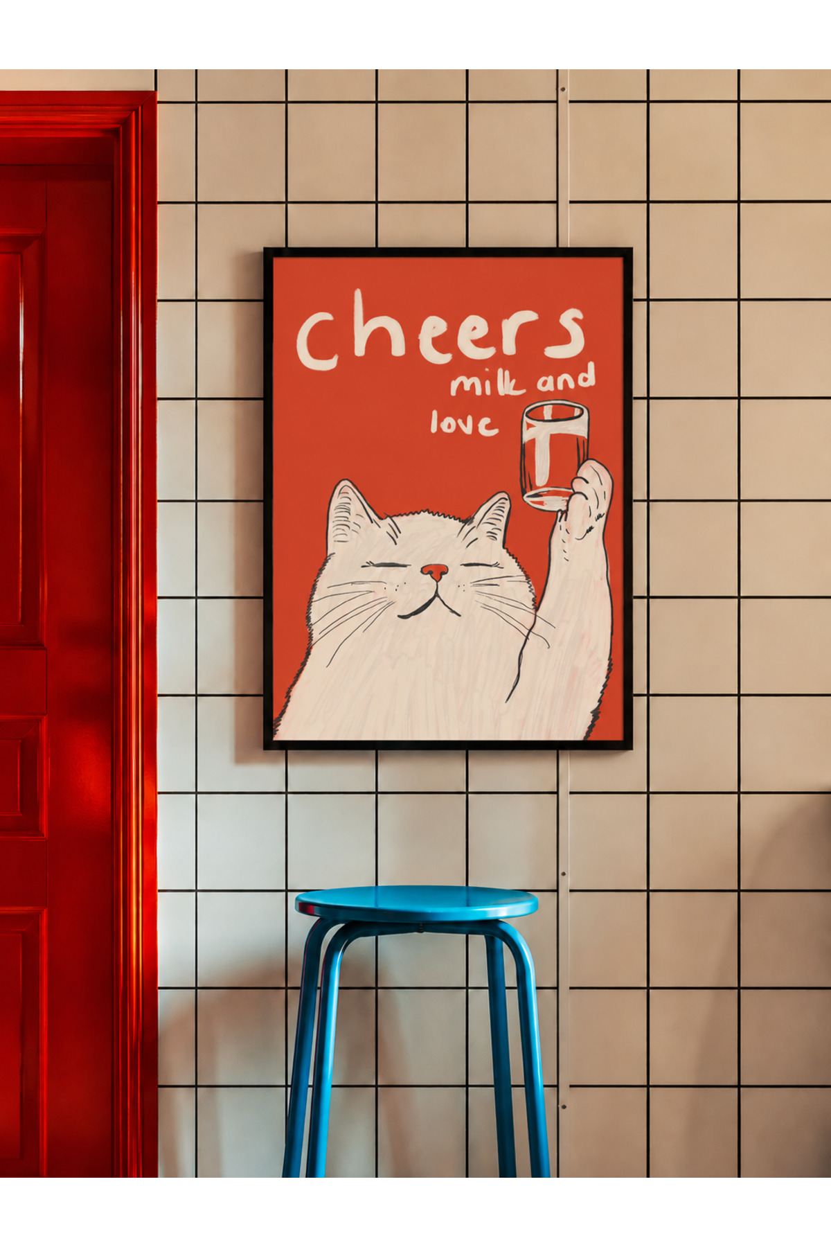 Kırmızı Turuncu Dekoratif Duvar Posteri, Eğlenceli Kedi İllüstrasyonu Çerçevesiz