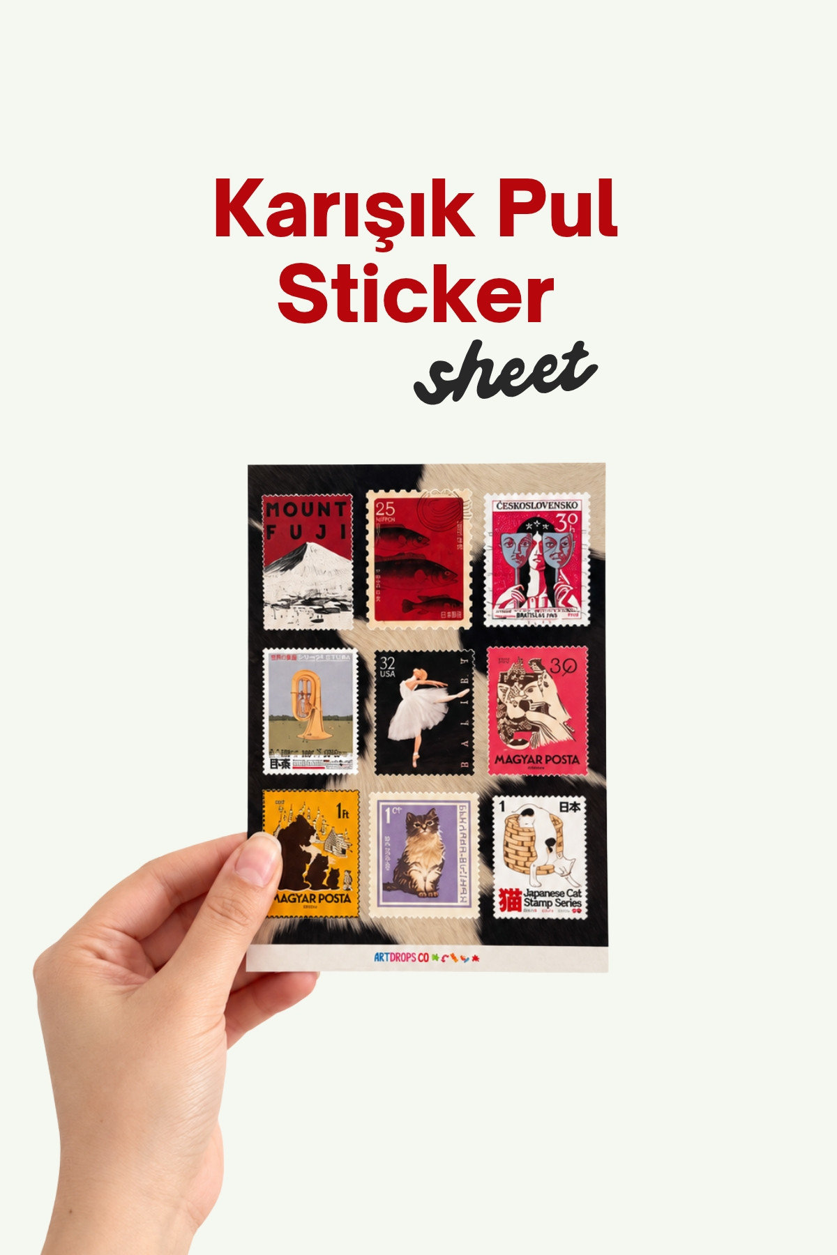 Karışık Pul Sticker Sheet, 9’lu Vintage Posta Pulu Sticker Seti, Retro Kolaj Etiketleri, Ajanda, Journal ve Scrapbook Sticker