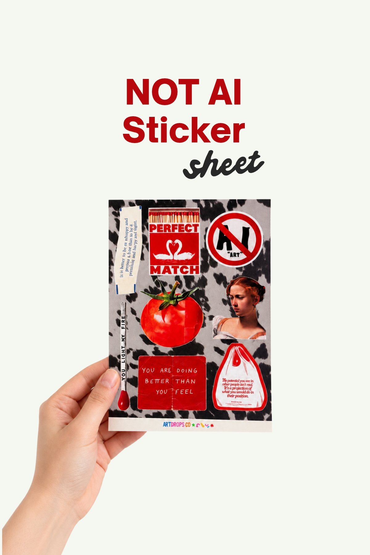 Not AI Sticker Sheet, Kırmızı Siyah Retro Kolaj Sticker Seti, Sanat ve Motivasyon Temalı Etiketler, Ajanda, Journal ve Scrapbook Sticker