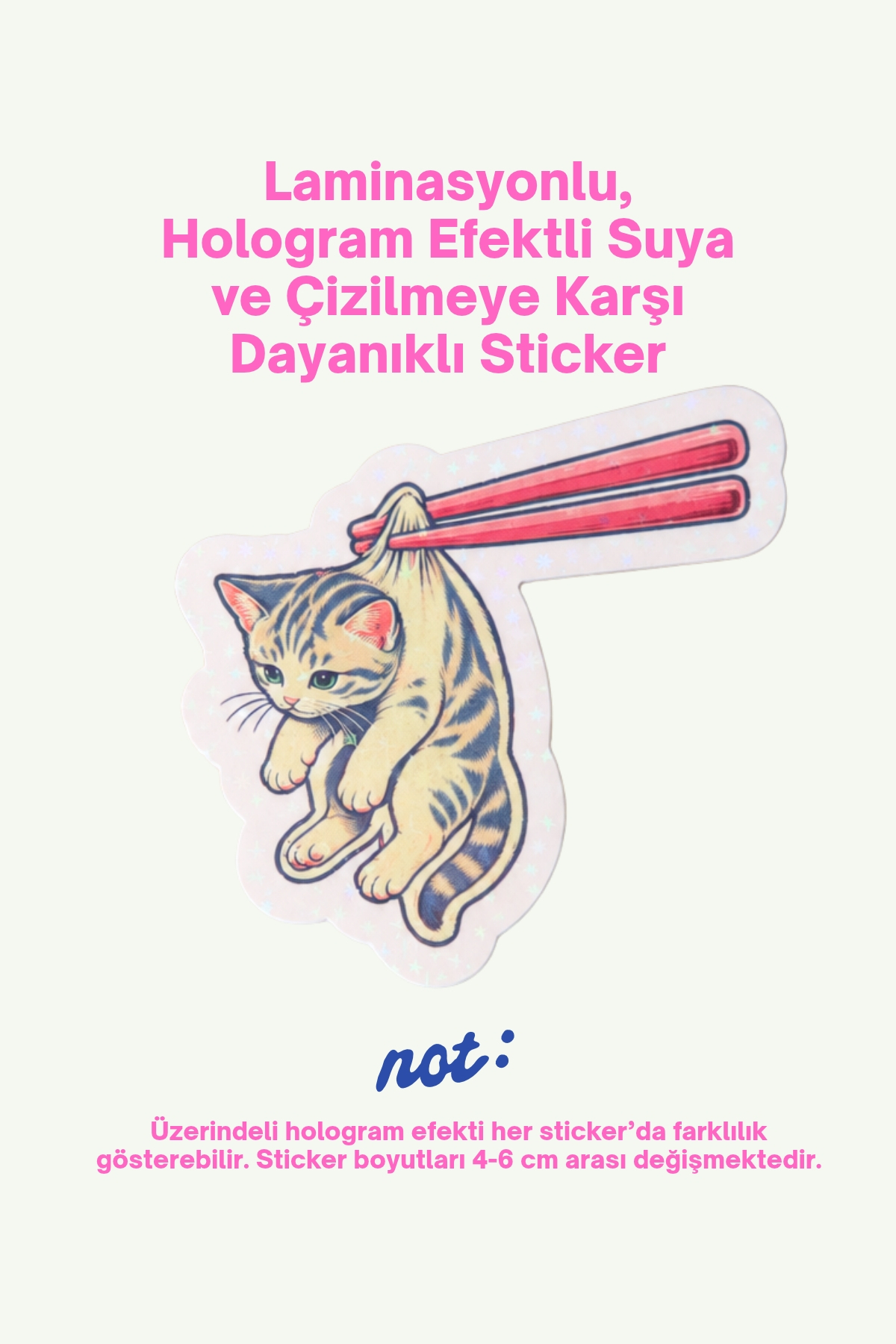 Hologram Efektli Laminasyonlu Tekli Sticker, Suşi Kedi Etiket, Çok Amaçlı, Su Geçirmez ve Çizilmeye Dayanıklı Sticker