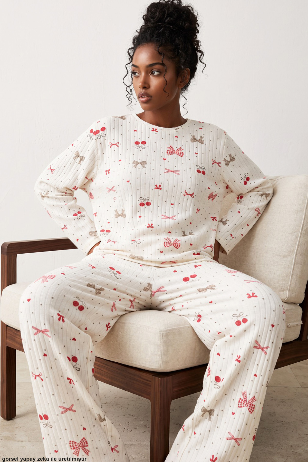 Siyah İnci Weiches, geripptes, gestricktes Pyjama-Set aus Baumwolle mit Leopa...