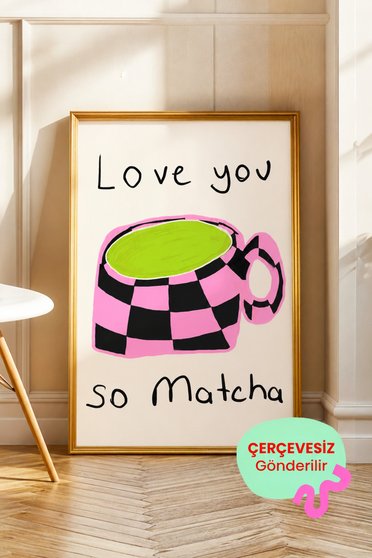 Pembe Siyah Kareli Matcha Fincanı, Eğlenceli Mutfak Posteri Çerçevesiz