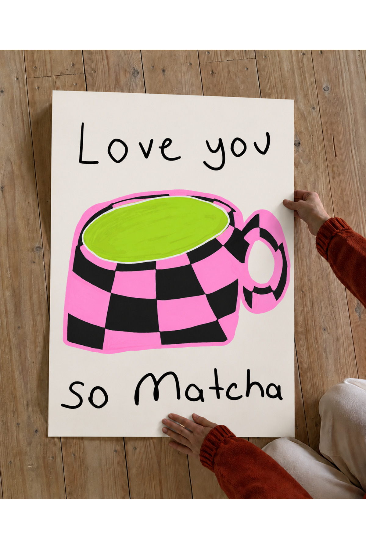 Pembe Siyah Kareli Matcha Fincanı, Eğlenceli Mutfak Posteri Çerçevesiz