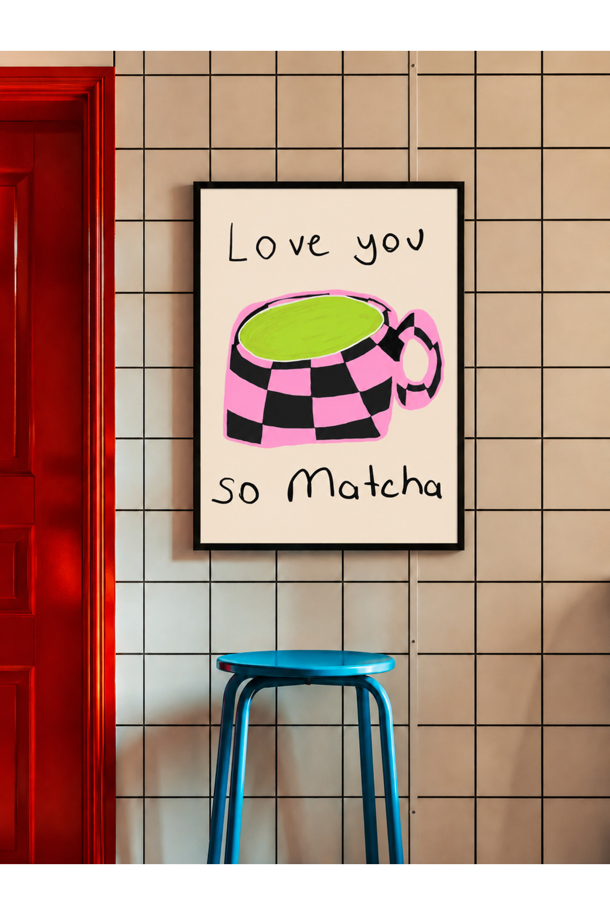Pembe Siyah Kareli Matcha Fincanı, Eğlenceli Mutfak Posteri Çerçevesiz