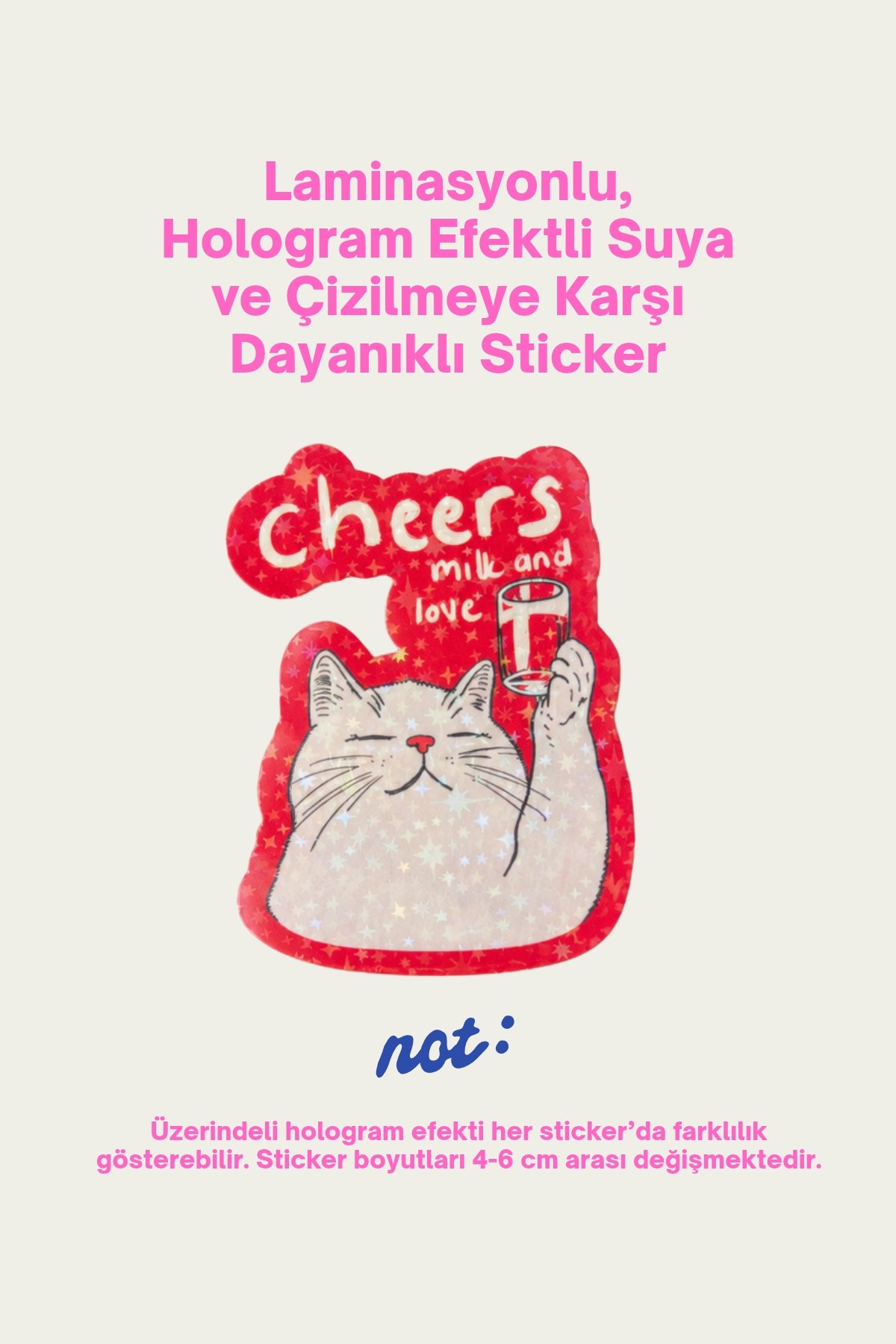 Hologram Efektli Laminasyonlu Tekli Kedi Sticker, Kırmızı Dekoratif Ajanda Etiketi, Su Geçirmez ve Çizilmeye Dayanıklı