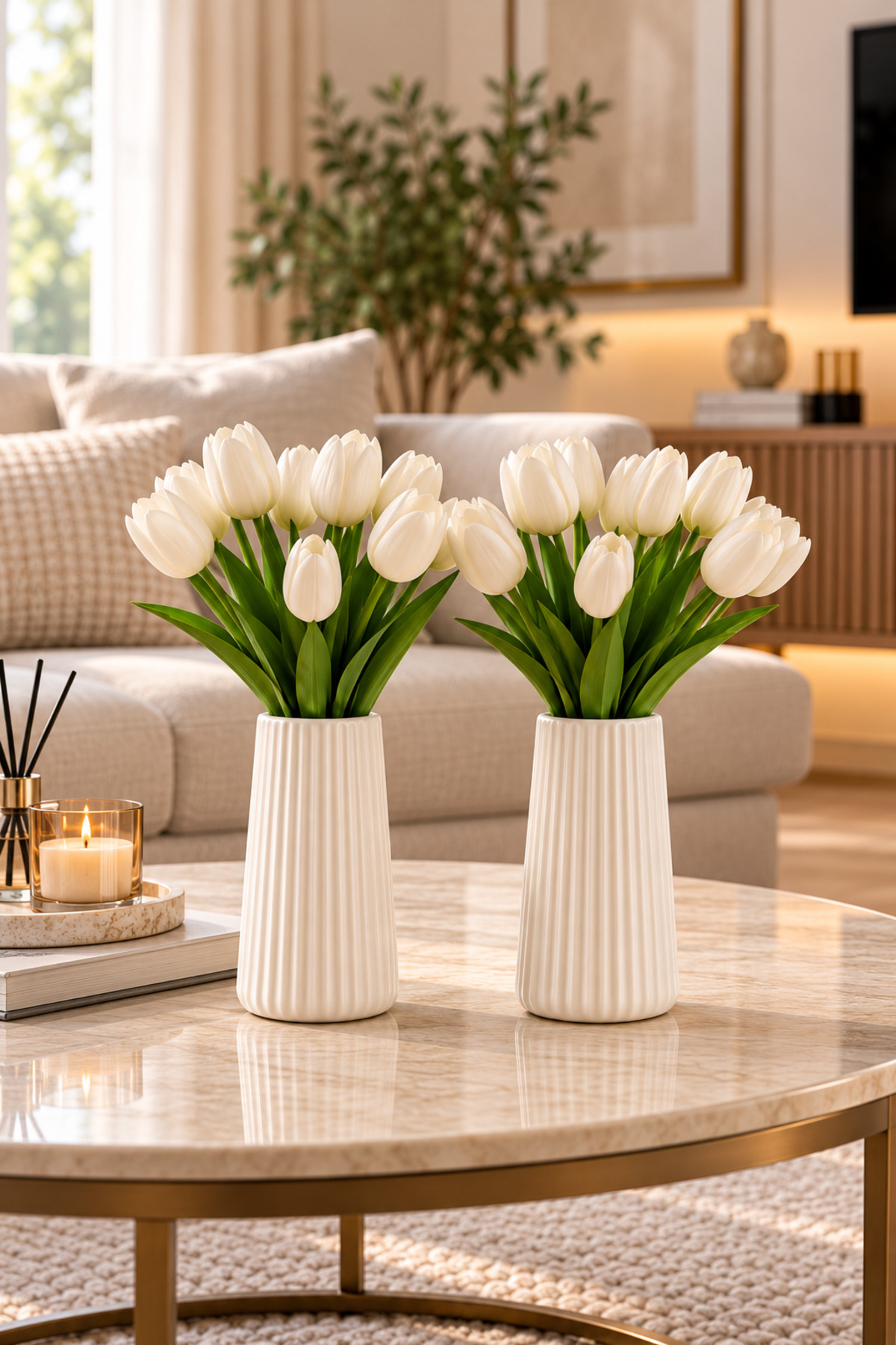 گلدان سرامیکی گل سفید خط‌دار 19 سانتی‌متری - مدل مینیمال و شیک برای دکوراسیون مدرن (2 عددی)