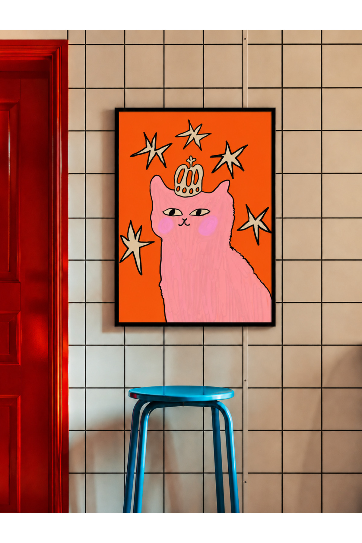 Taçlı Pembe Kedi Poster, Turuncu Dekoratif Duvar Posteri, Eğlenceli Kedi İllüstrasyonu Çerçevesiz