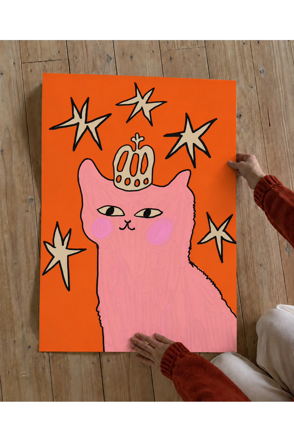 Taçlı Pembe Kedi Poster, Turuncu Dekoratif Duvar Posteri, Eğlenceli Kedi İllüstrasyonu Çerçevesiz