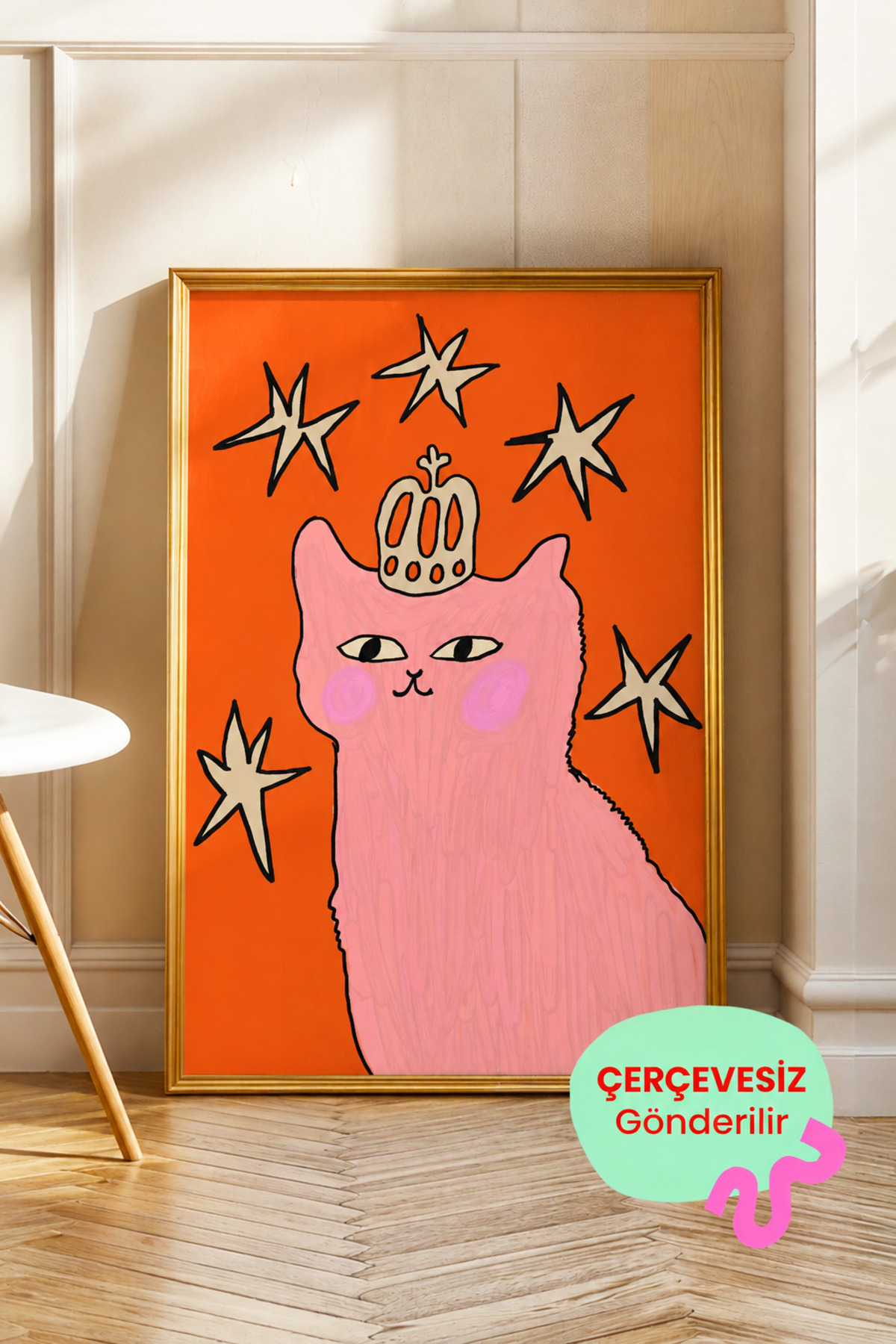 Taçlı Pembe Kedi Poster, Turuncu Dekoratif Duvar Posteri, Eğlenceli Kedi İllüstrasyonu Çerçevesiz