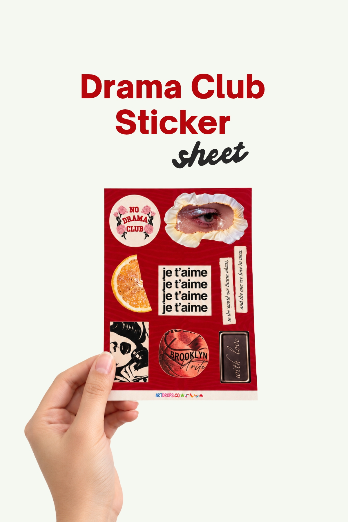 Drama Club Sticker Sheet, Kırmızı Retro Kolaj Sticker Seti, No Drama Club ve Romantik Yazılı Etiketler, Ajanda, Journal ve Scrapbook Sticker