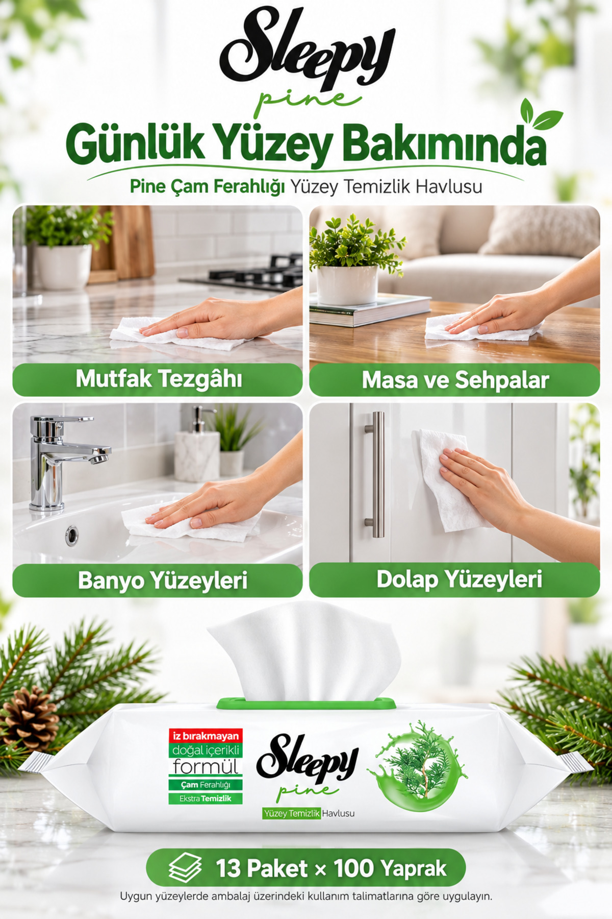 ست ۱۳ عددی حوله تمیزکننده سطح Pine Çam Ferahlığı با ۱۰۰ برگ - همراه با عطر اتاق Rosie