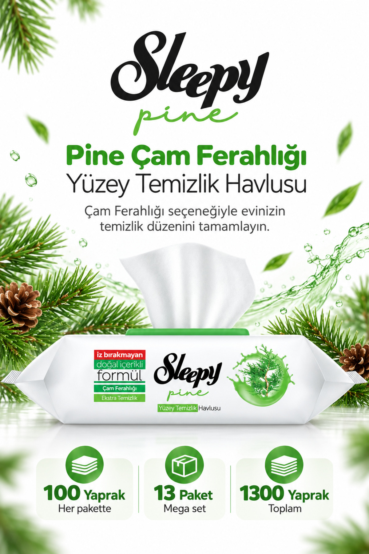ست ۱۳ عددی حوله تمیزکننده سطح Pine Çam Ferahlığı با ۱۰۰ برگ - همراه با عطر اتاق Rosie