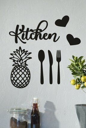 7 Parça Mutfak Dekorasyon Seti Ahşap Duvar Süsü Siyah Kitchen Yazısı DL131