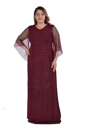 Büyük Beden Bordo Renkli Likralı Simli Elbise 9264-15