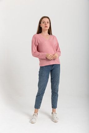 Kadın V Yakalı Uzun Kollu Rahat Tshirt Model 33