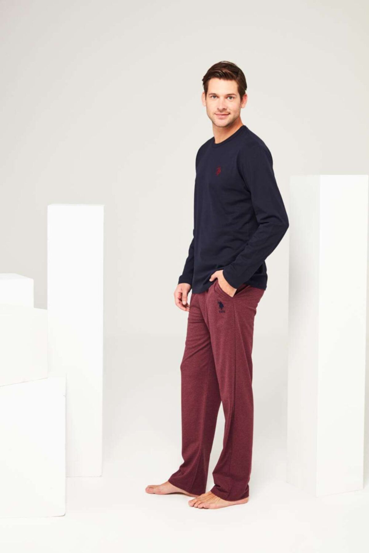 U.S. Polo Assn. ست لباس خواب یقه گرد مردانه آبی سرمه ای