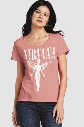 Kadın Açık Pembe Melek Nirvana Yuvarlak, Rahat, Geniş Yaka Kısa Kollu T-shirt 1M1FW405AP