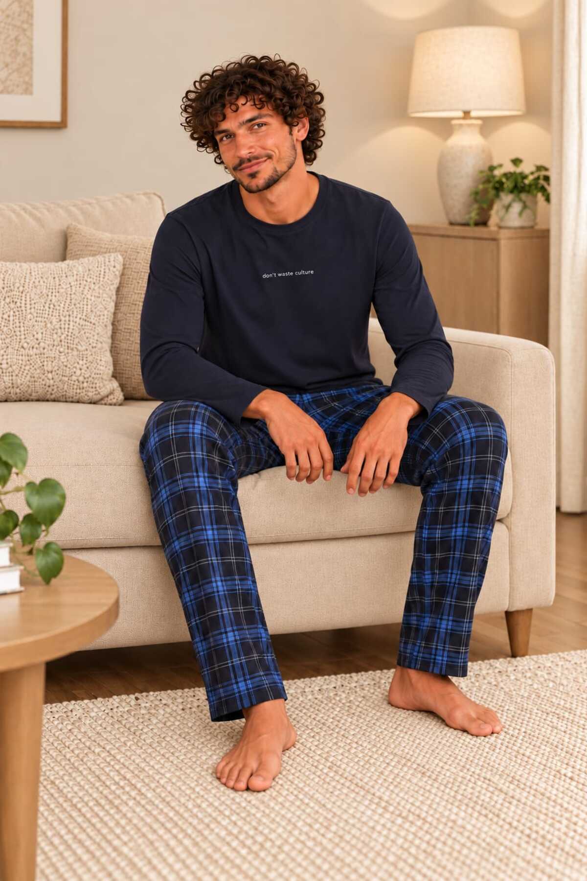 Sude HOMEWEAR Erkek Ekoseli Uzun Kollu Pijama Takımı