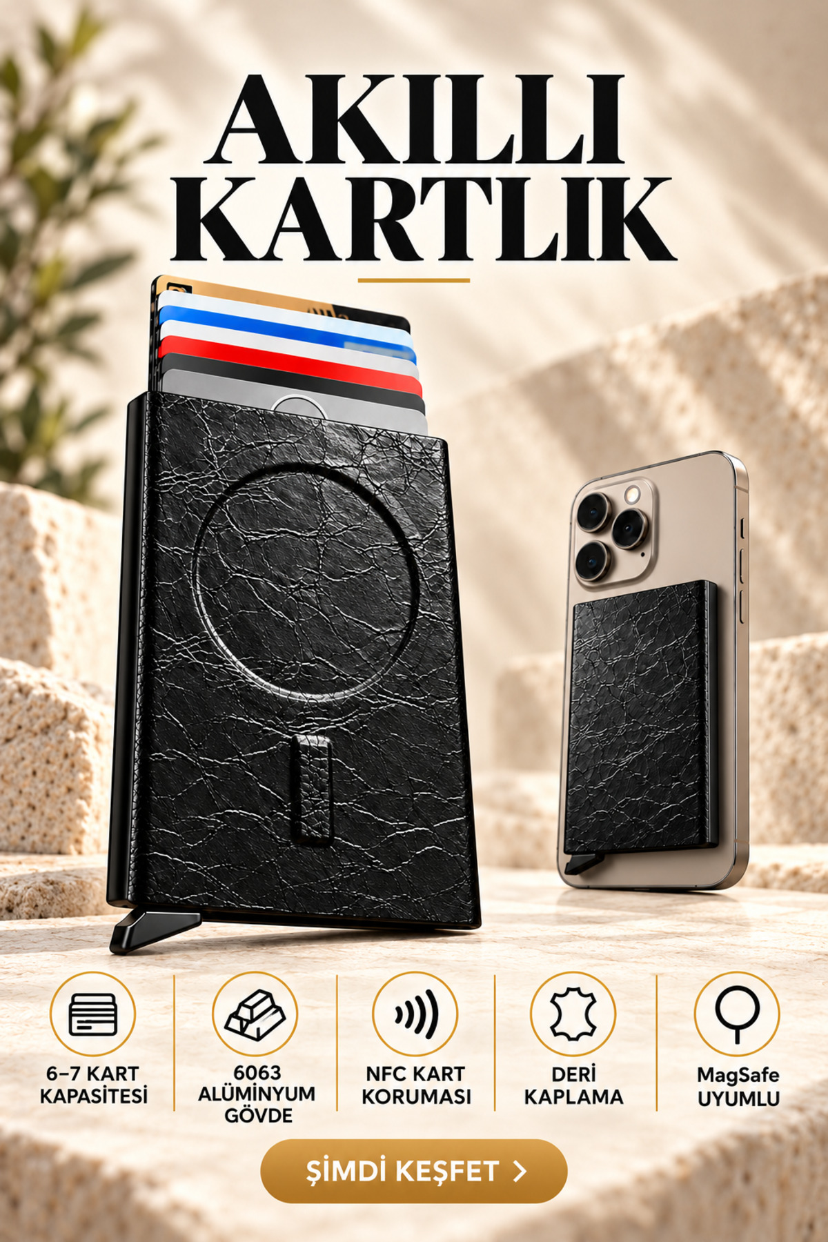 کیف کارت مگ سیف مکانیزمی با محافظ RFID، آلومینیومی، اتوماتیک، طرح‌دار، برجسته، چرم مشکی