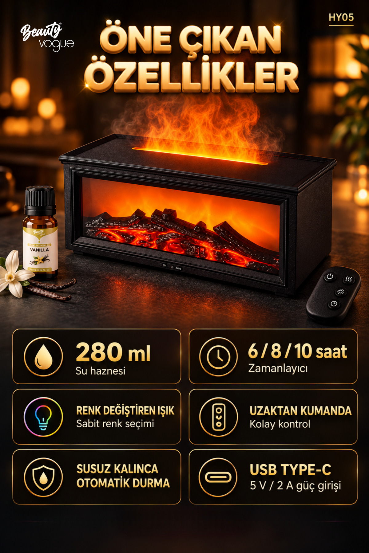 دستگاه بخور اولتراسونیک با افکت شومینه RGB مدل HY05 و دیفیوزر عطر با کنترل از راه دور + 6 عدد روغن اسانس هدیه