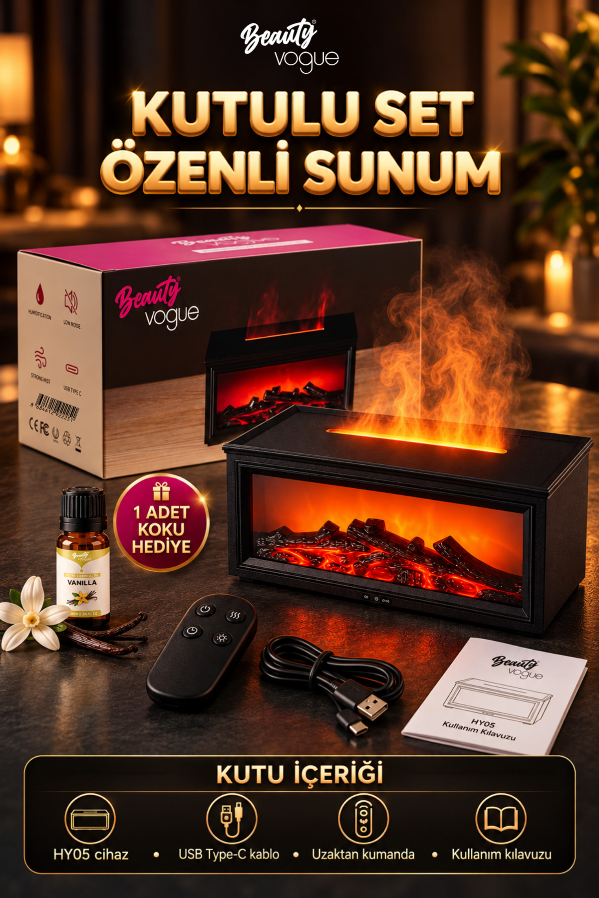 دستگاه بخور اولتراسونیک با افکت شومینه RGB مدل HY05 و دیفیوزر عطر با کنترل از راه دور + 6 عدد روغن اسانس هدیه