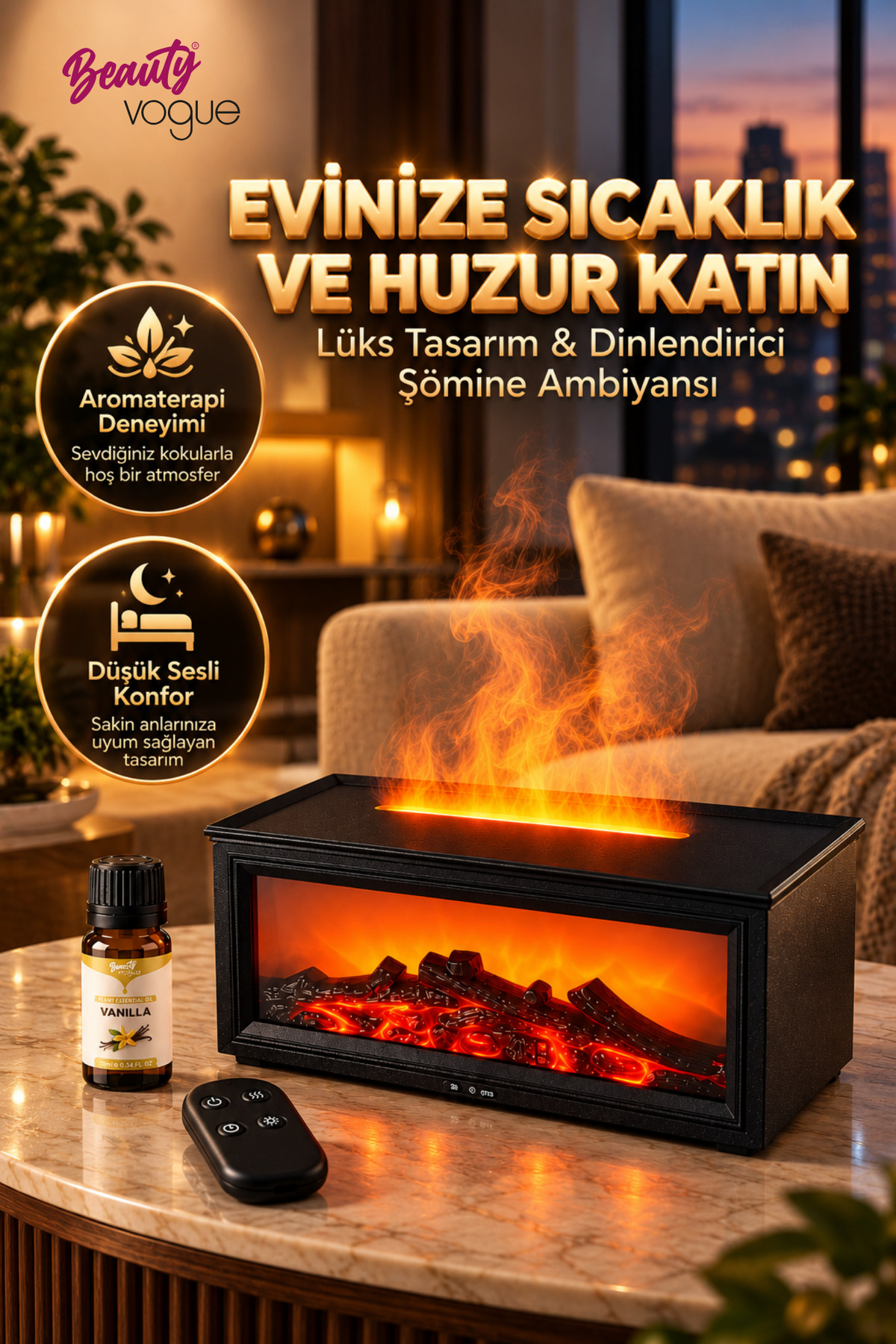 دستگاه بخور اولتراسونیک با افکت شومینه RGB مدل HY05 و دیفیوزر عطر با کنترل از راه دور + 6 عدد روغن اسانس هدیه