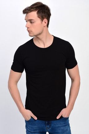 Erkek Siyah Bisiklet Yaka %100 Pamuk Basic T-shirt T198