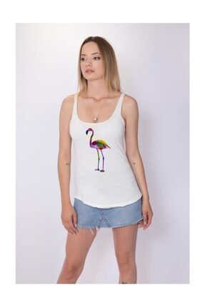 Wear Rengarenk Flamingo Pamuklu Beyaz Kadın Askılı Bluz Atlet A0376AKB