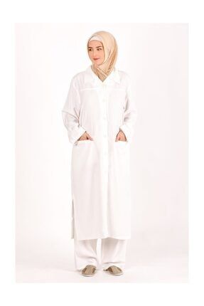 Hac Ve Umre Kıyafeti Bayan Keten Beyaz Yakalı Düz Klasik Pantolonlu Takım B015-1