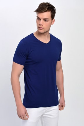Erkek Lacivert V Yaka Likralı Basic T-shirt T339