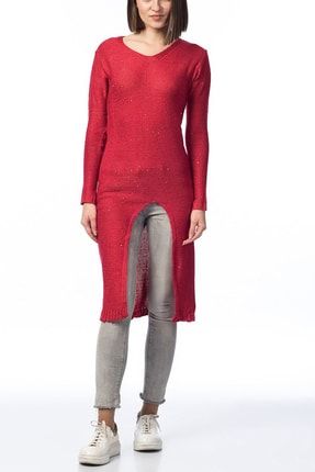 2876 - Kırmızı Triko Kadın Uzun Tunik KIS2016171