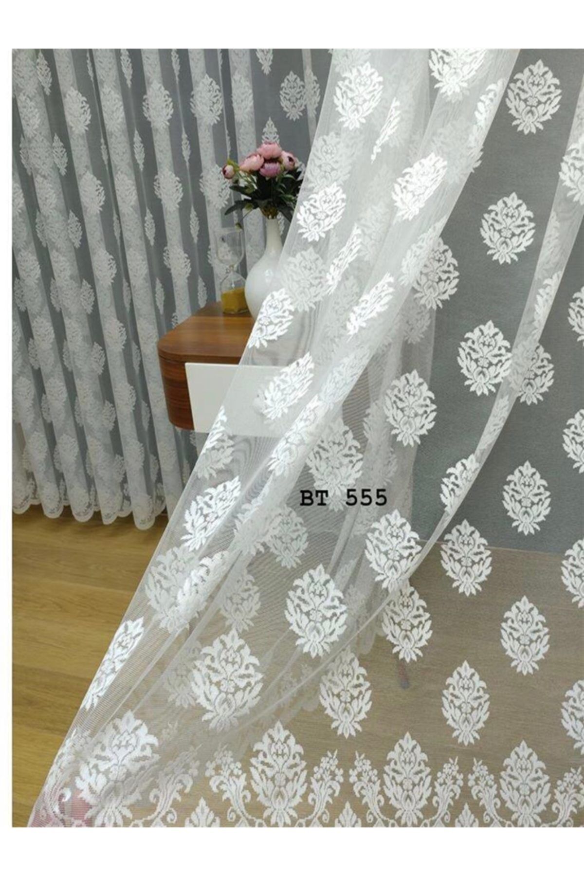 Esse Home Salon Damask Desenli Örme Kdk Tül Perde, 550x250, Seyrek Pile, 1/2