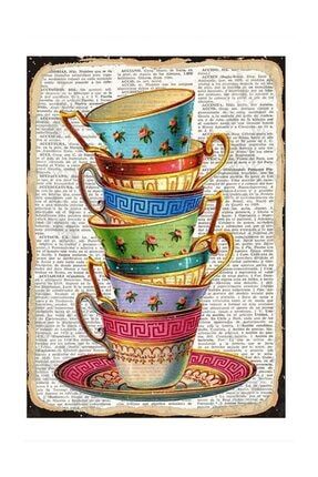 Kahve Kupaları Desenli Ahşap Tablo 50x70cm dikey-13154-50-70