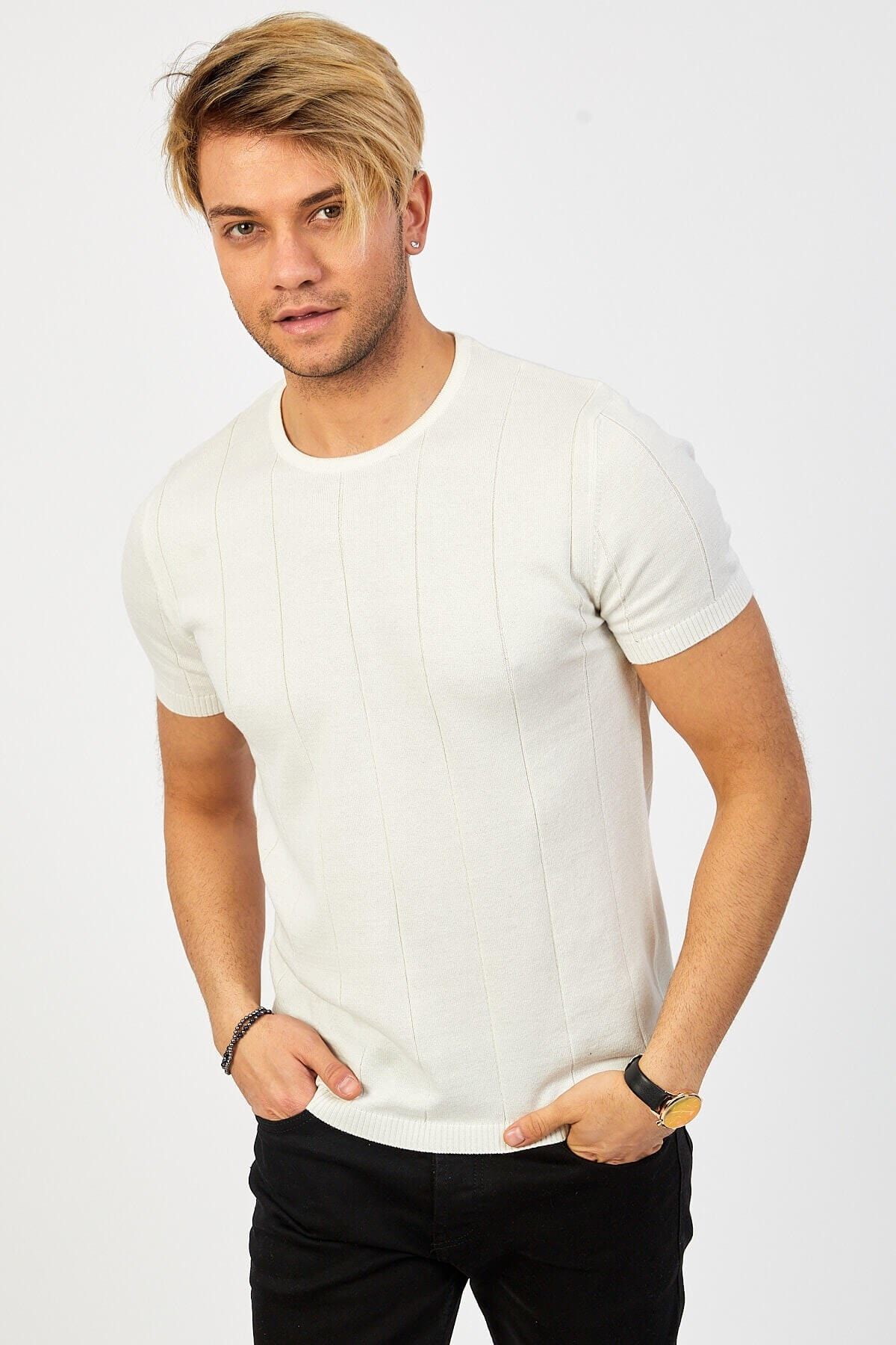 Karpefingo Erkek Ince Cizgili Triko Beyaz T Shirt Trendyol
