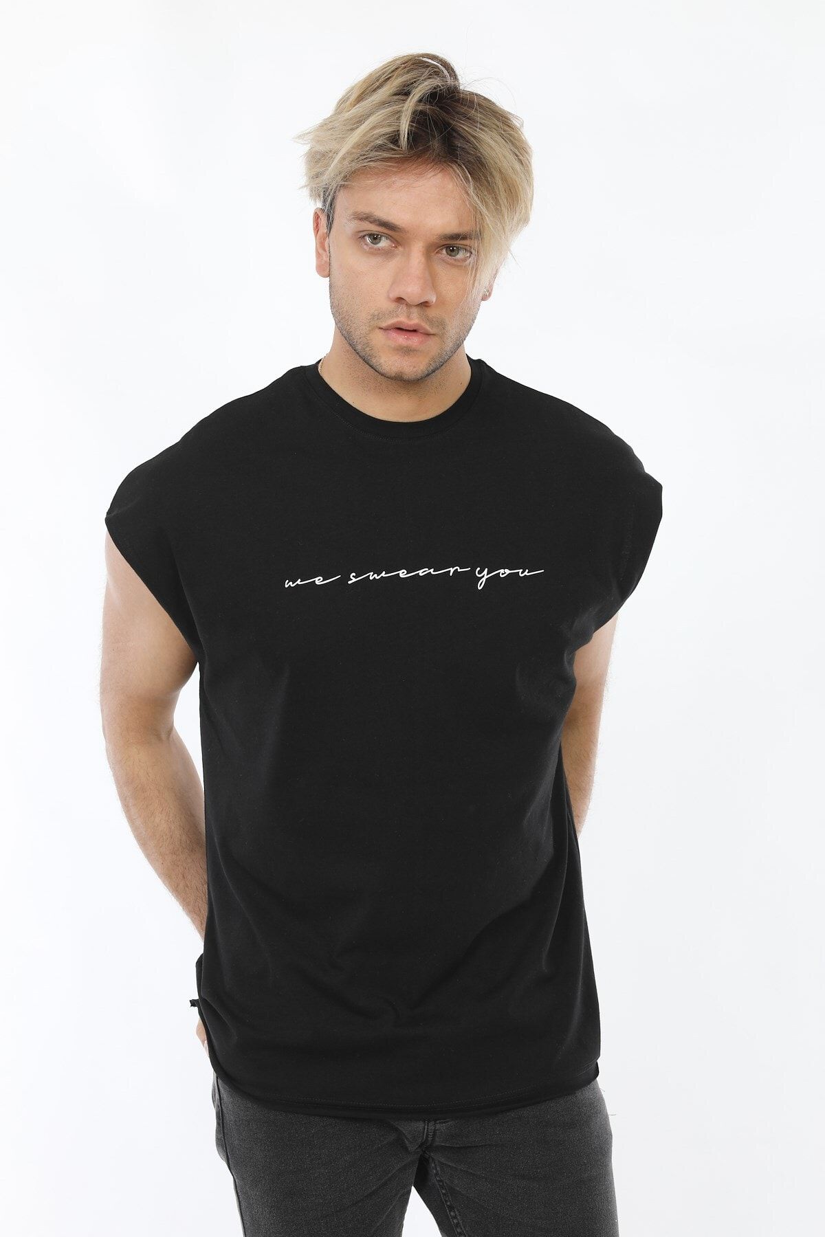 Karpefingo Erkek Kolsuz Baskili Siyah Tshirt Trendyol